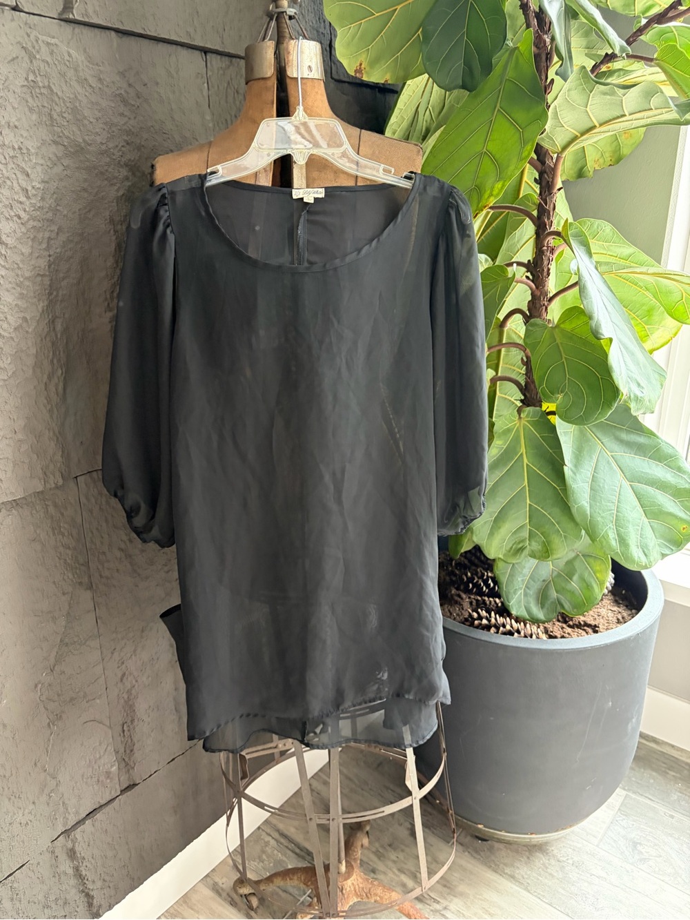 Lily White Sheer Black Puff-Sleeve Blouse